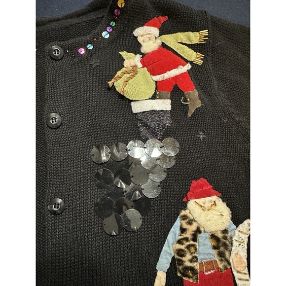 Christmas Sweater Santa Claus Susan Bristol Sz M Cowboy Pajamas Embellished VTG - Picture 15 of 16
